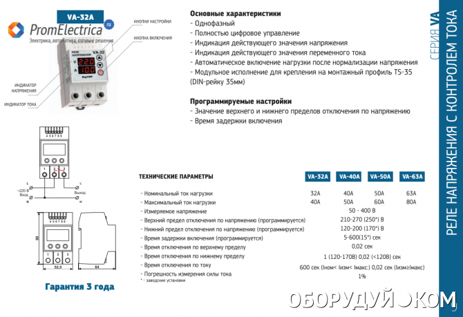 VA-40(А), Реле напряжения с контролем тока VA-protector 40A - купить по низкой ц